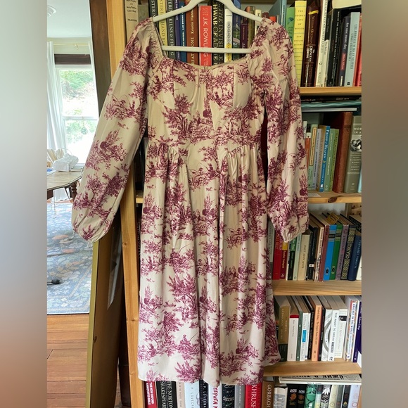 Dazy Burgundy and Cream Toile Dress with Ballon Sleeves Bustier Top Basque Waist - Picture 4 of 12